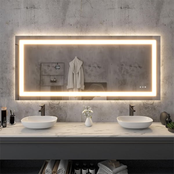 ONWITH 72 in. W x 32 in. H Rectangular Frameless LED Light Anti-Fog Wall Bathroom Vanity Mirror with Backlit and Front Light
