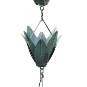 Rain Chains 8.5 ft. Antique Blue Iron Leafy Flowers Cups Decorative Garden Gutter Downspout Water Collector