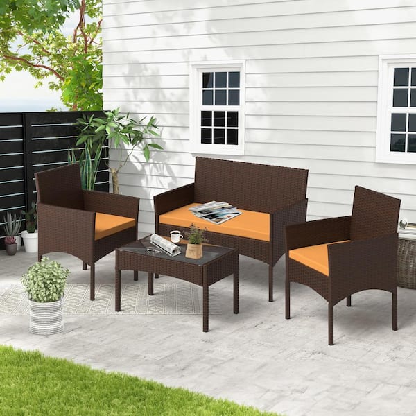 Unbranded 4 Pieces Wicker Patio Conversation, Outdoor Patio Furniture Set, Patio Table and Chairs with Cushions, Brown