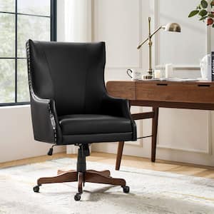 Leon Black Transitional 46 in. Tall Faux Leather Office Executive Chair Tilting with Copper Nailheads and Wood Legs