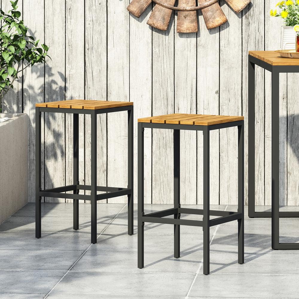 Industrial Acacia Wood Outdoor Bar Stools (2-Pack), Teak Finish, Black for 