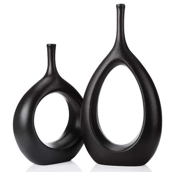 Afoxsos Ceramic Hollow Vases Set of 2, Flower Vase for Decor, Modern Decorative Vase Centerpiece for Wedding Dinner Table, Black
