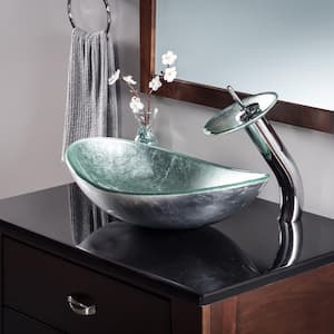 Argento Oval Silver Hand Foiled Glass Slipper Vessel Sink with Faucet and Drain in Chrome