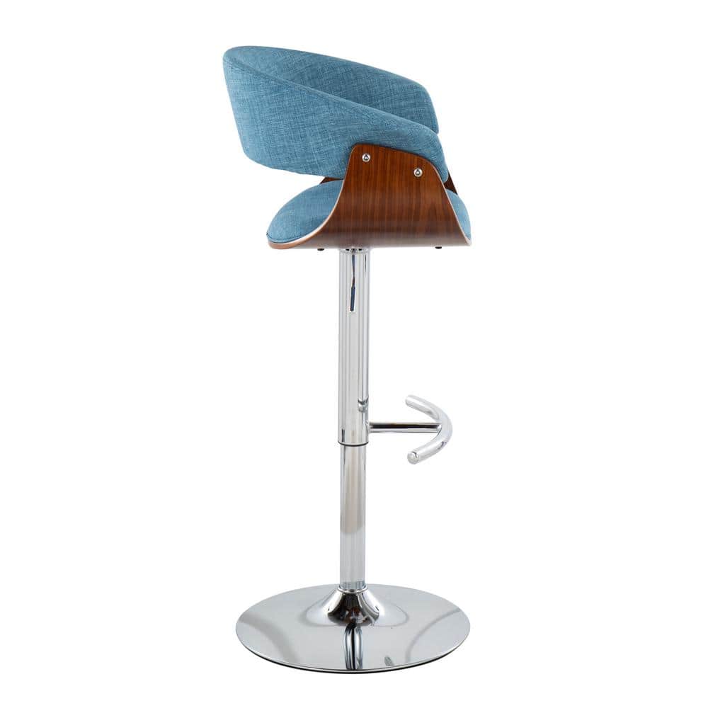 Set of 2 Blue Adjustable Swivel Bar Stools with Walnut Wood and Chrome Base