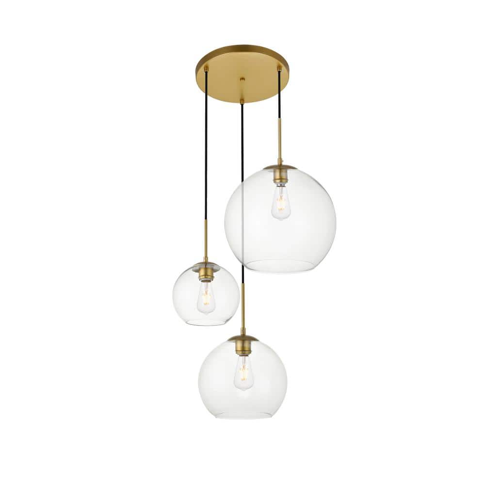Timeless Home 20.9 in. 3-Light Brass and Clear Pendant Light, Bulbs Not Inc