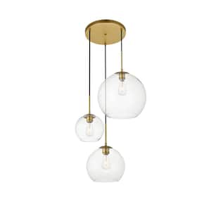 Timeless Home 20.9 in. 3-Light Brass and Clear Pendant Light, Bulbs Not Included