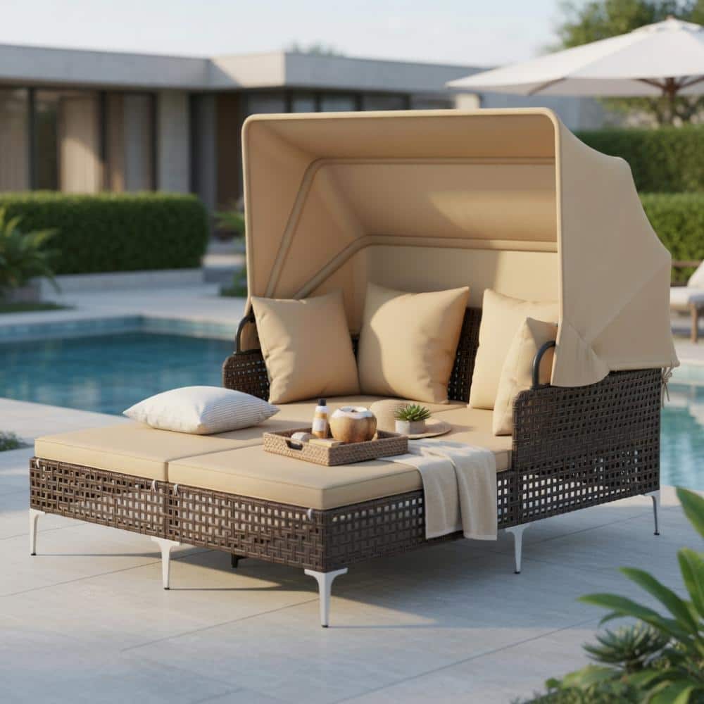 Outdoor Daybed with Retractable Canopy PE Wicker Rattan Patio Lounger-Brown price history on PriceWatchPro