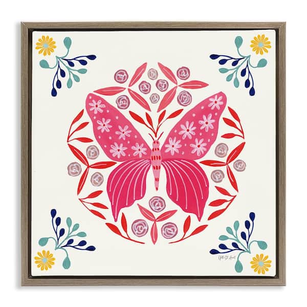 Stupell Industries Pink Folk Butterfly by Yvette St. Amant Brown Floater Frame Animal Graphic Art Print 18 in. x 18 in.