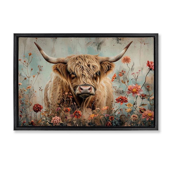 Stupell Industries Spring Blooms Highland Cow by LSR Design Studio Black Floater Frame Animal Graphic Art Print 21 in. x 31 in.