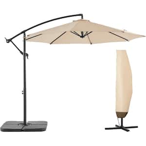 10 ft. Aluminum Patio Offset Umbrella Outdoor Cantilever Umbrella with Cover, Crank and Cross Bases in Beige