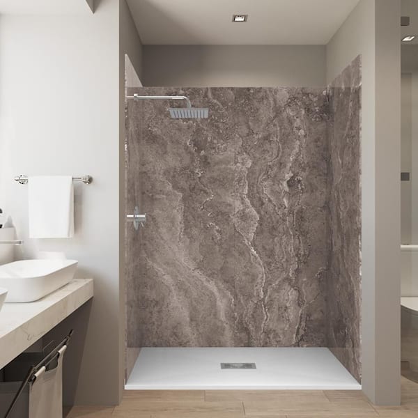 Tundra Brown 32 in. x 60 in. x 84 in. Solid Composite Stone Alcove Shower Kit with Walls and White Pan Base Center Drain