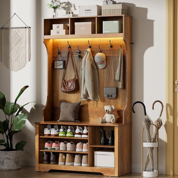 Hommpa Farmhouse Brown 39.4 in. W Hall Tree with LED Light Strip, Shoe Bench, 7 Hooks and Adjustable Shelves