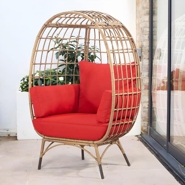 JOYSIDE Patio Yellow Wicker Indoor/Outdoor Egg Lounge Chair with Red Cushions