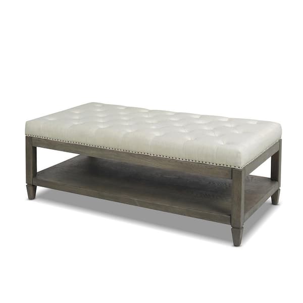 Jennifer Taylor Sylvan Farmhouse Natural White Linen Oak Tufted Cocktail Storage Ottoman