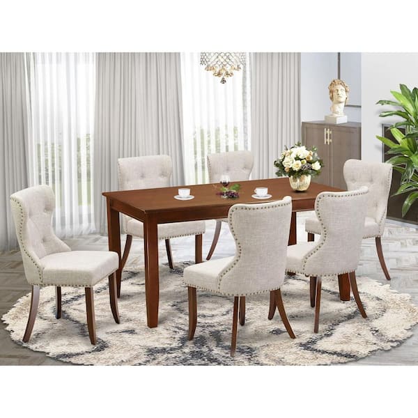 7-Piece Rectangle Mahogany Finish Solid Wood Top Dining Table with 6 Parson Chairs with Lattice Back