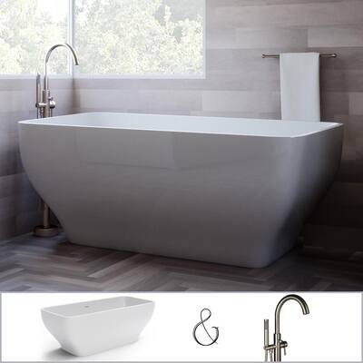 67 in. Acrylic Rectangle Flatbottom Stand-Alone Freestanding Bathtub Combo - Tub in White, Faucet in Brushed Nickel
