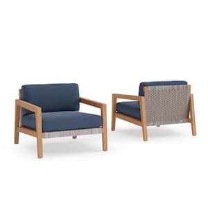 Lakeside Teak 2-Piece Outdoor Furniture Patio Launge Chair with Spectrum Indigo Cushions
