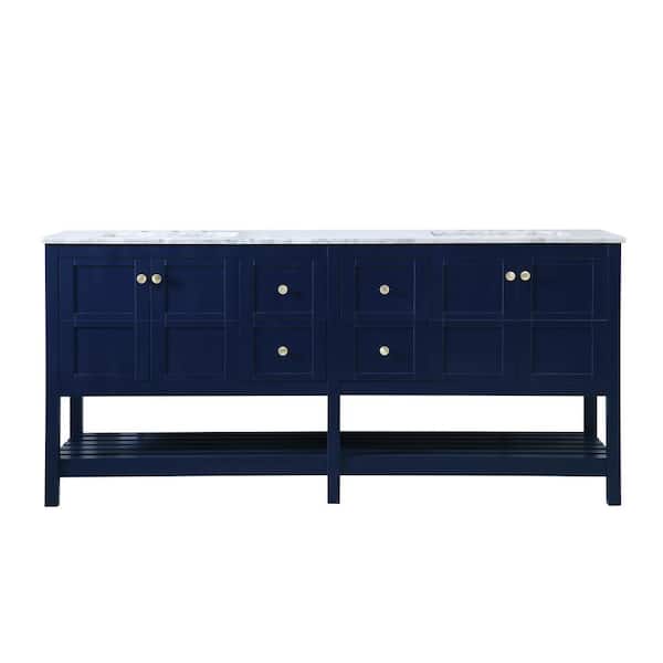 Unbranded Simply Living 72 in. Double Bathroom Vanity in Blue with Marble Vanity Top in Carrara White