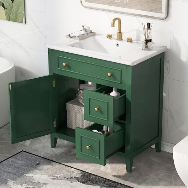 30 in. W Freestanding Bath Vanity in Green with White Ceramic Top, Door and 2-Drawers, Solid Wood Frame