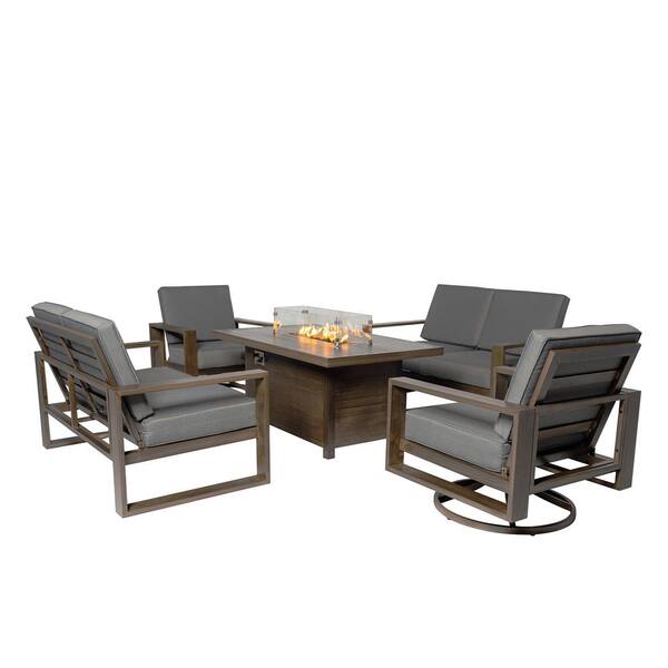 PATIOPTION Aluminum Patio Conversation Set with Gray Cushions and 55.12 in Fire Pit Table Sofa Set - 2 Swivel plus 2 Loveseat