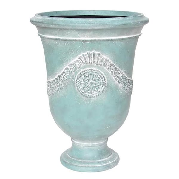 MPG 26.5 in. H. Cast Stone Fiberglass Anduze Urn Planter in A White Washed French Blue