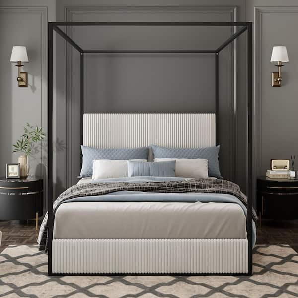 White Wood Frame Queen Canopy Bed with Tall Corduroy Upholstered Headboard and Gold 4-Poster
