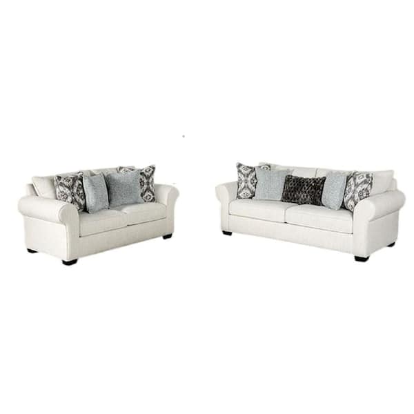 Berrie 71.5 in. Rolled Arm Polyester Rectangle Shape with 9 Accent Pillow Sofa in. White and Black (Set of 2)
