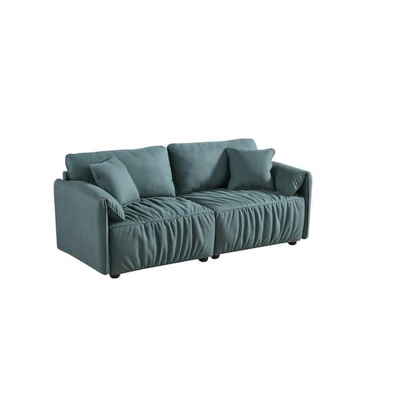 76 in. Wide Square Arm Faux Leather Straight 3 Seats Sofa in Blue 