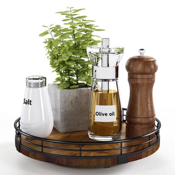 9 in. Walnut Wood Round Wooden Lazy Susan Turntable Organizer for Kitchen Cabinet, Pantry, and Dining Table Storage