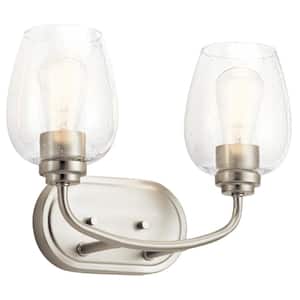 Valserrano 14.5 in. 2-Light Brushed Nickel Traditional Bathroom Vanity Light with Clear Seeded Glass Shade