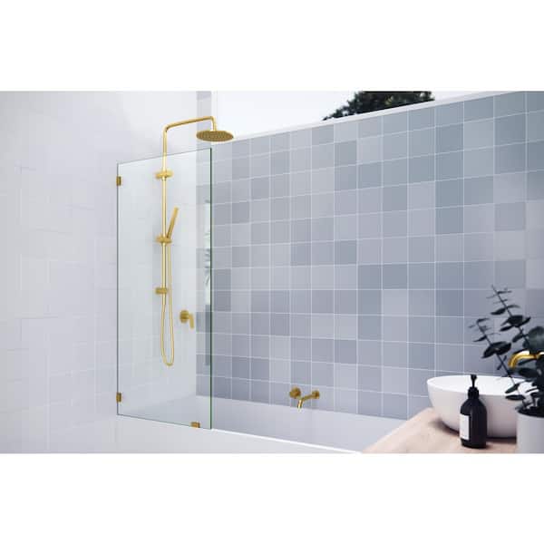 Vela 26 in. W x 58.25 in. H Frameless Fixed Panel Tub Door in Satin Brass with Clear Glass
