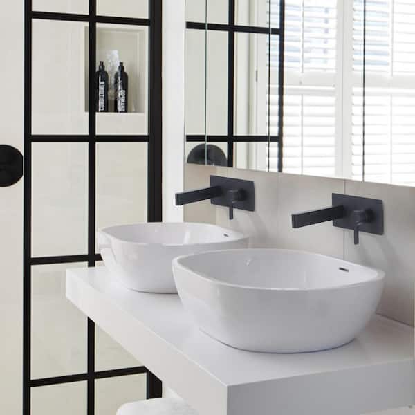 Single Handle 2-Hole Widespread Wall Mounted Bathroom Sink Faucet with Deck Plate and Rough-in Valve in Matte Black