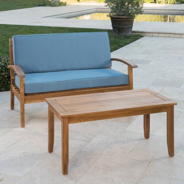 Natural Teak Outdoor Lounge Set with Blue Cushions and Acacia Table (2-Piece)​