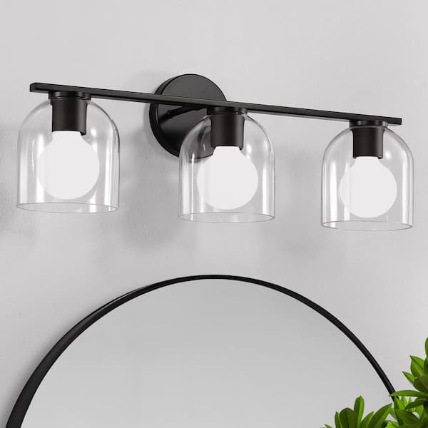 23 in. 3-Light Modern Black Vanity Light with Clear Glass Shade Farmhouse Wall Sconce For Bathroom Light Fixtures