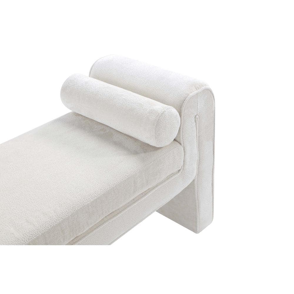 Ivory Chenille Upholstered Bench with Cylinder Pillows, 59"