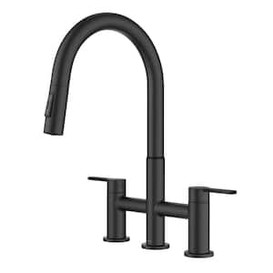 Oletto Double Handle Bridge Kitchen Faucet with Pull-Down Sprayhead in Matte Black