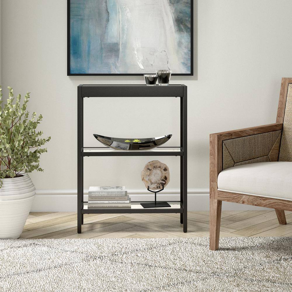 Sleek Blackened Bronze and Tempered Glass Console Table with Storage