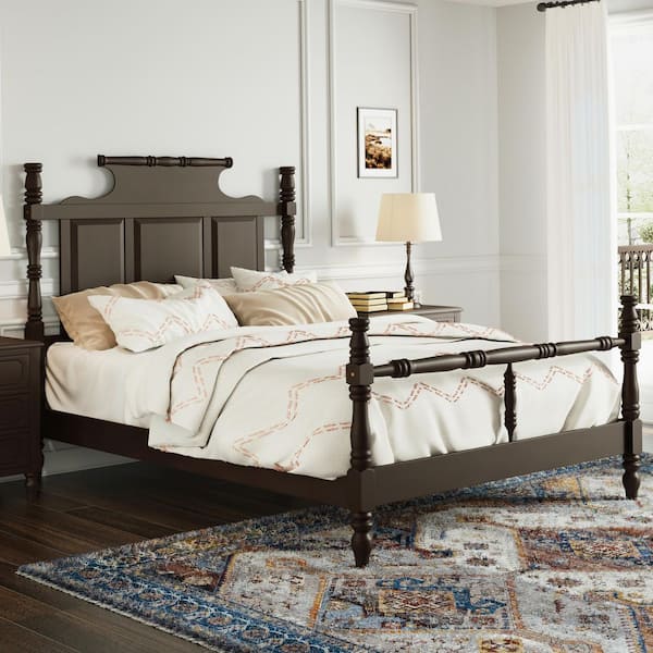 Fara Brown Wood Frame King Size Four Poster Platform Bed with High Crown-like Headboard, Elegantly Turned Posts