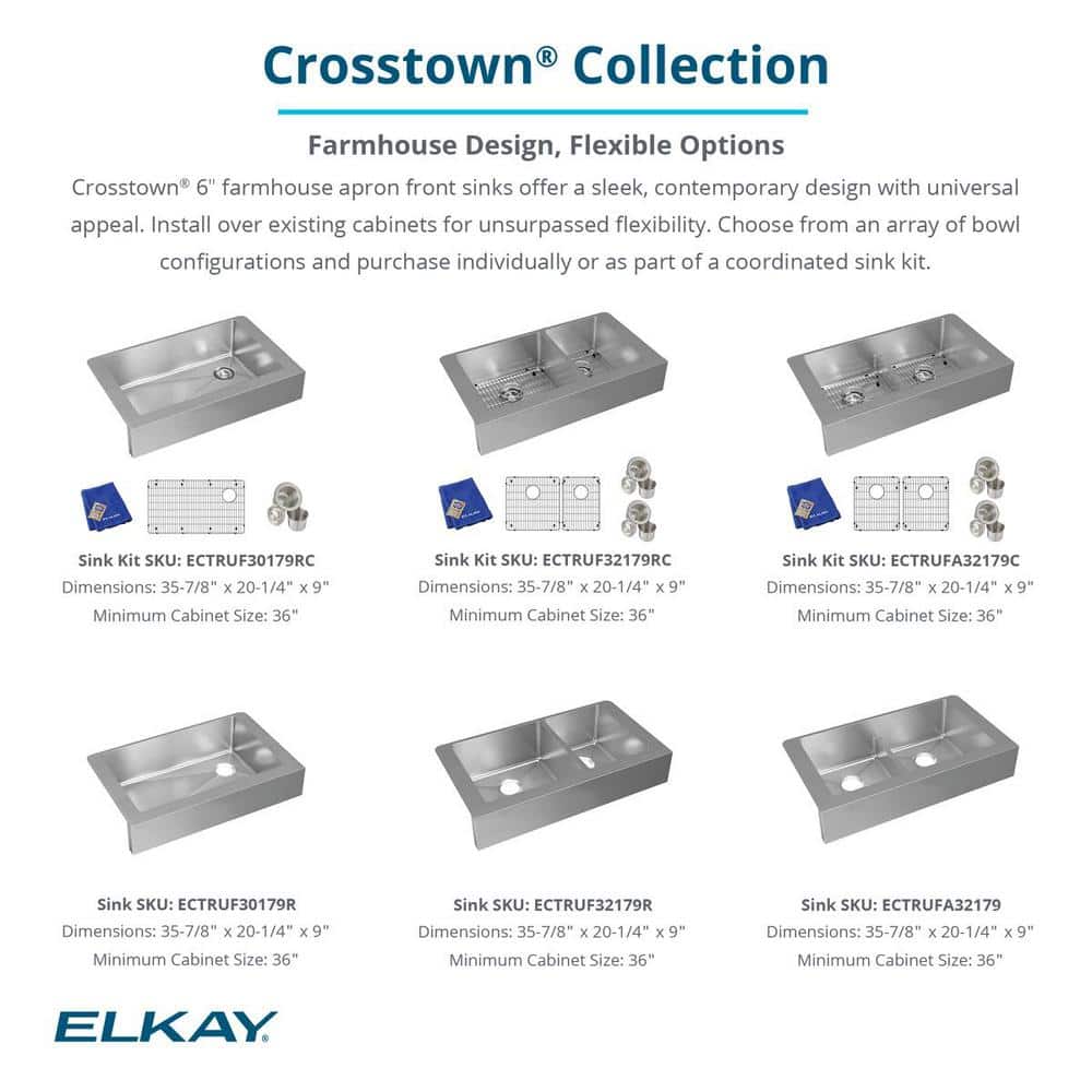 Elkay Crosstown 36" Satin Stainless Steel Double Bowl Farmhouse Sink Kit