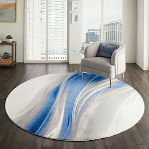 Twilight Ivory Grey Blue 8 ft. x 8 ft. Abstract Contemporary Round Area Rug