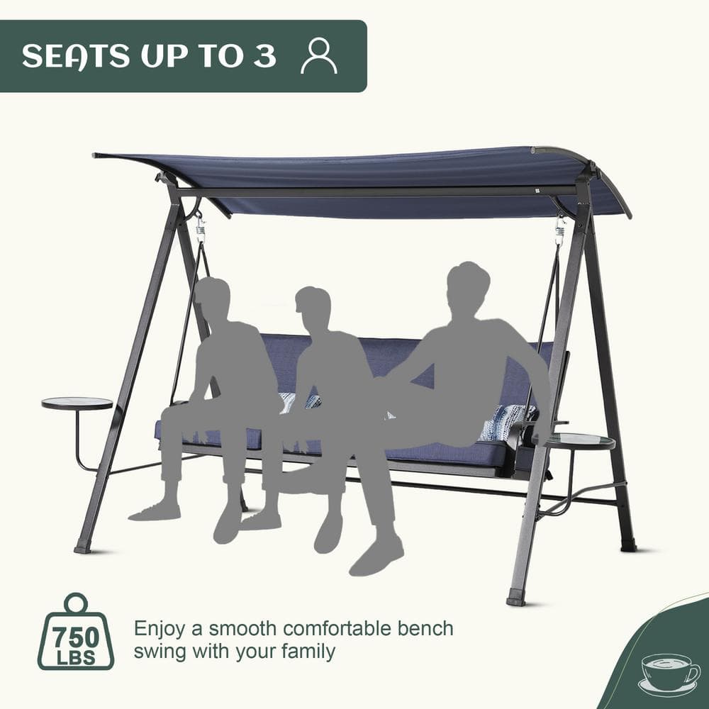 Gray Steel 3-Person Patio Swing with Blue Cushions and Canopy