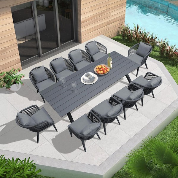 11-Piece All-Weather Wicker Outdoor Dining Set with Table All Aluminum Frame and Gray Cushions for Garden Backyard Deck