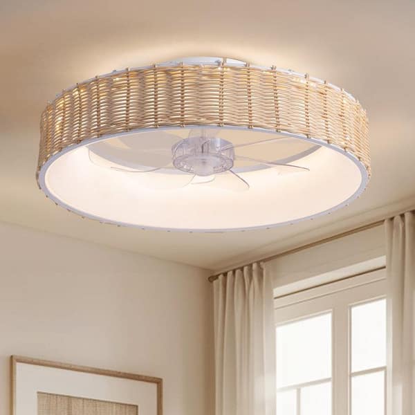 20 in. Indoor White Flush Mount Rattan Ceiling Fan with Light Reversible Rotation and Remote Control