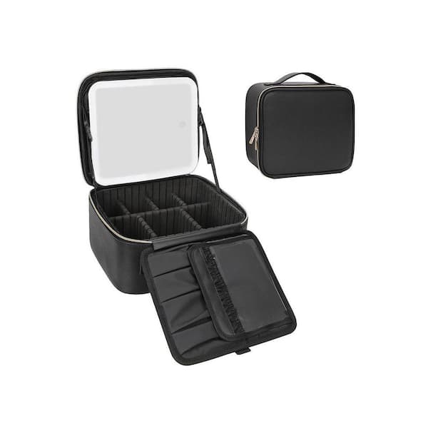 Black Travel Bag w/LED Mirror, Cosmetic Train Case with Light Up Mirror, Portable Organizer w/Adjustable Dividers