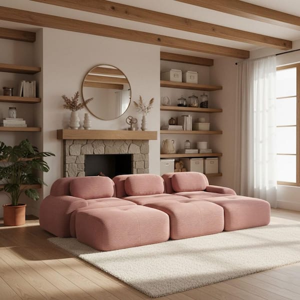 SMZO 117 in. Rolled Arm 5-Piece Corduroy Modular Sectional Sofa, No-Assembly, with Ottoman in. Mauve Pink