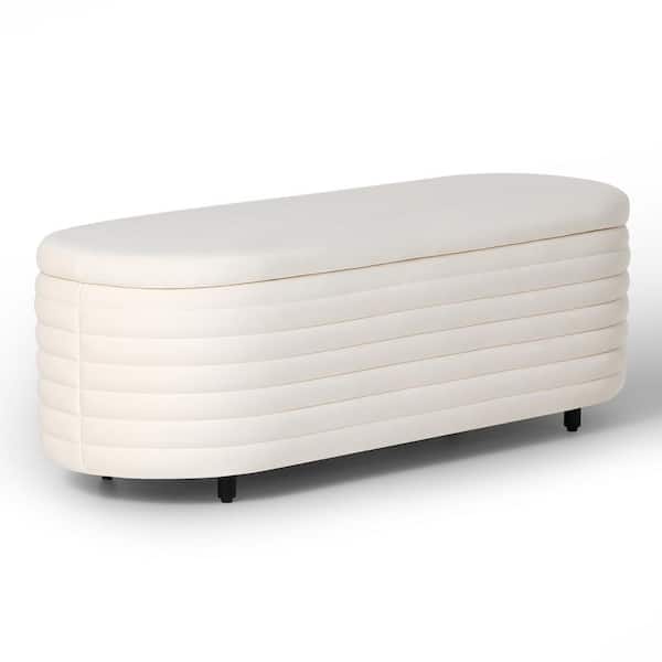 WESTINFURNITURE Farrah 54 in. Wide Oval Velvet Upholstered Entryway Flip Top Storage Bedroom Accent Bench in Ivory