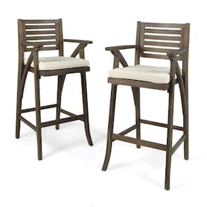 Hermosa Wood Outdoor Bar Stool with Beige Cushion (2-Pack)