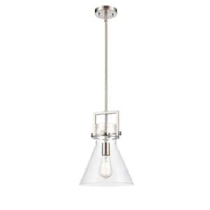Newton Cone 1-Light Brushed Satin Nickel Shaded Pendant Light with Clear Glass Shade