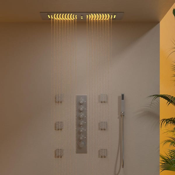 GRANDJOY 28 in. Rectangle Aurora 6-Spray Ceiling Mount Fixed and Handheld Dual Shower Head 2.5 GPM in Brushed Nickel