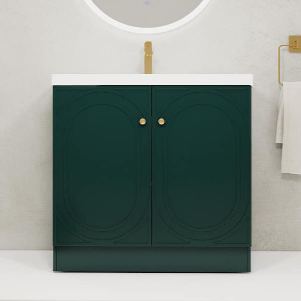 36 in. Single Sink Freestanding Green Bath Vanity with White Resin Top, Adjustable Shelf, Sewer Cover